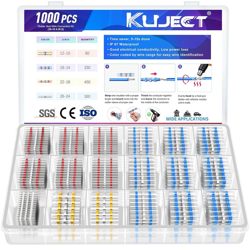 Kuject Heat Shrink Solder Seal Wire Connectors Kit 1000PCS, Waterproof Butt Connector Heat Shrink Electrical Terminals, Insulated Solderless Wiring Splice Connectors for Marine Automotive Boat Truck - Image 1
